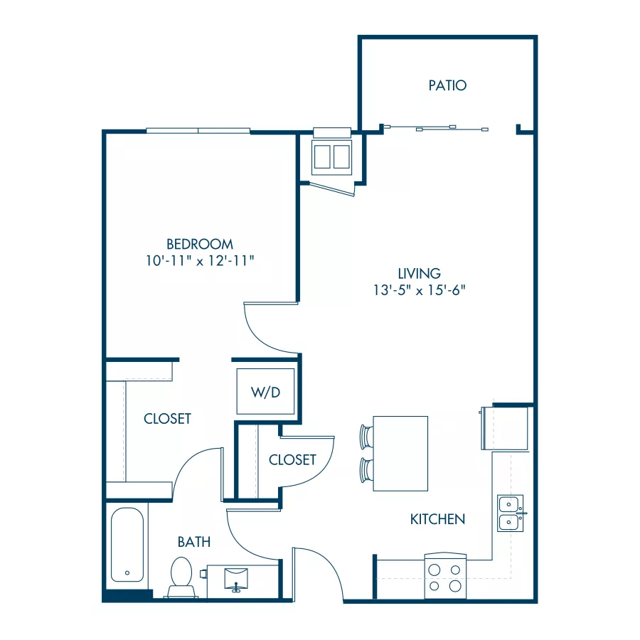Blue line drawing of a 1-bedroom apartment floor plan, showing living room, kitchen, bedroom, bath, and patio.