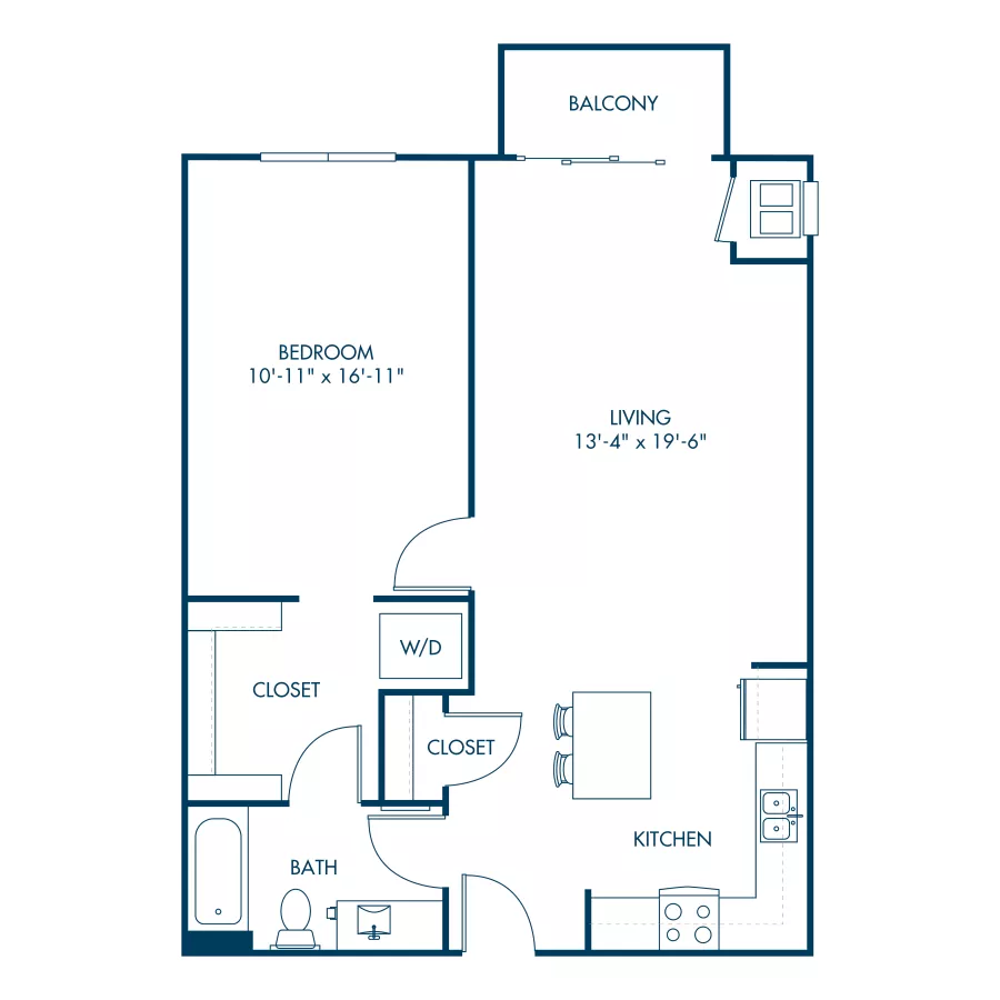 Graphic of a 1-bedroom apartment floor plan with a living room, kitchen, bedroom, bath, and balcony.