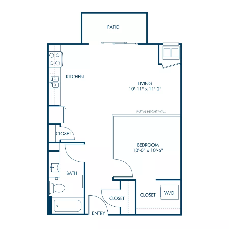 Studio apartment floor plan with kitchen, living, bedroom, bath, closets, W/D, and patio.