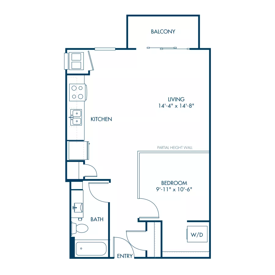 Graphic of a studio apartment floor plan with kitchen, living/bedroom area, bath, washer/dryer closet, and balcony.