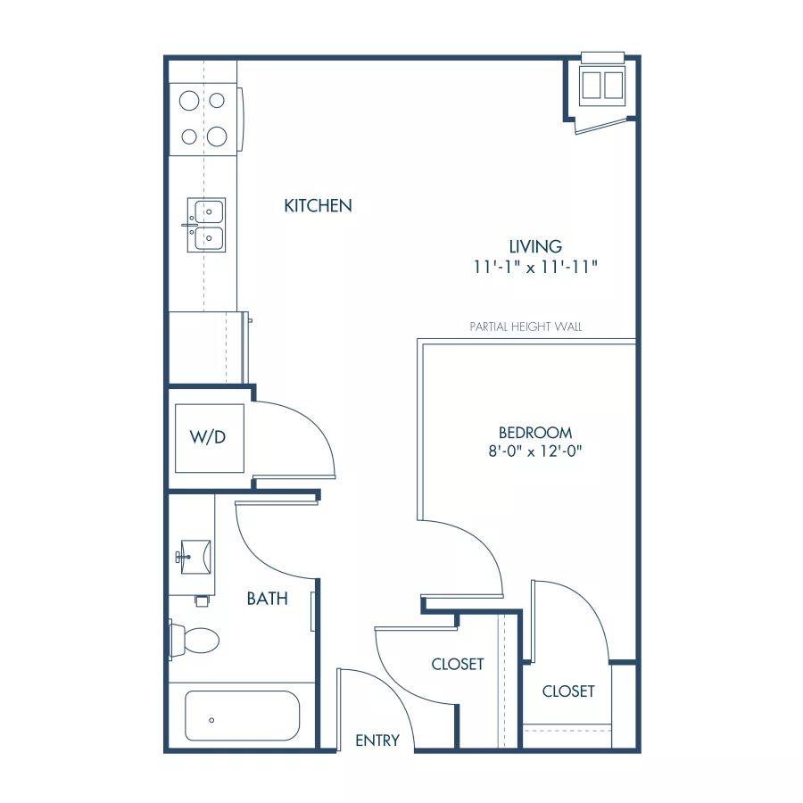 Blueprint graphic of a compact one-bedroom apartment layout, including kitchen, living, bath, and two closets.
