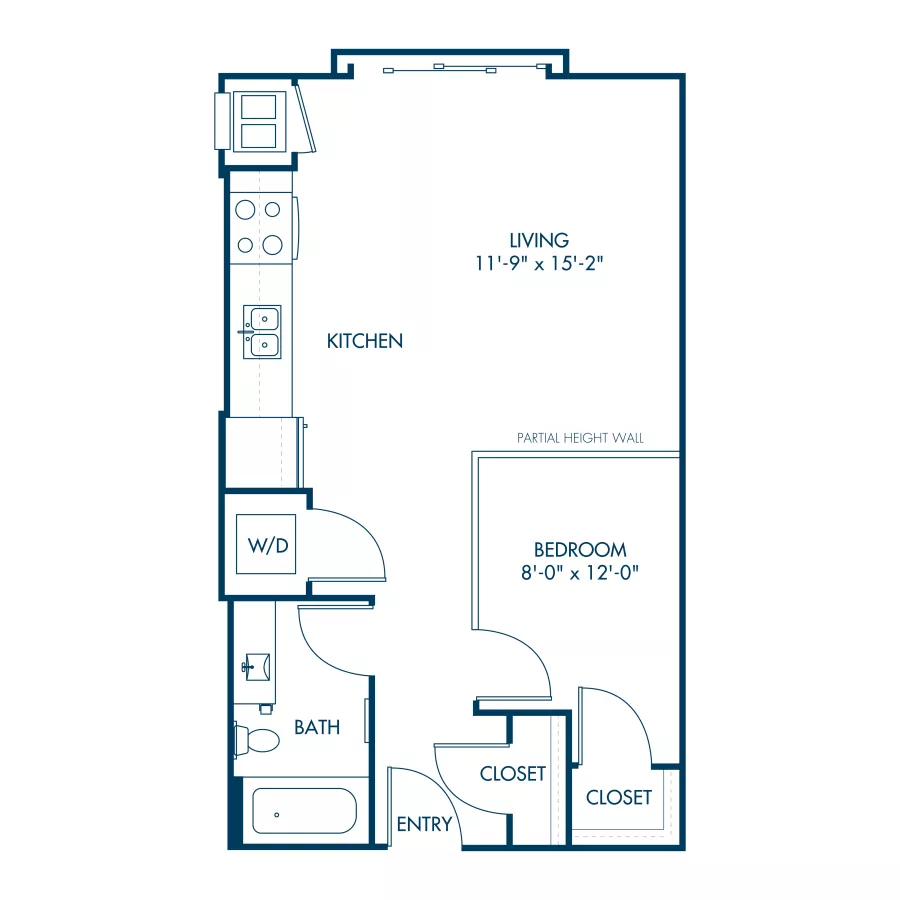 One-bedroom apartment floor plan graphic. Entry leads to bath, W/D, and kitchen, then opens to living area, bedroom, and two closets.