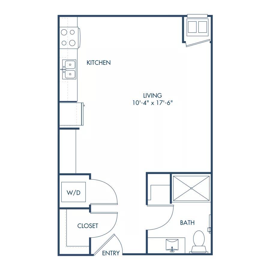 Graphic of a studio apartment floor plan with kitchen, living area, bath, W/D, closet, and entry.