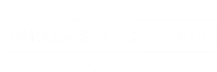 Logo for Parker Station Flats: White text on a black bar intersecting a white circle.