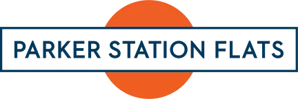 Logo: Blue text 'PARKER STATION FLATS' on a dark blue bar, overlaying an orange circle.